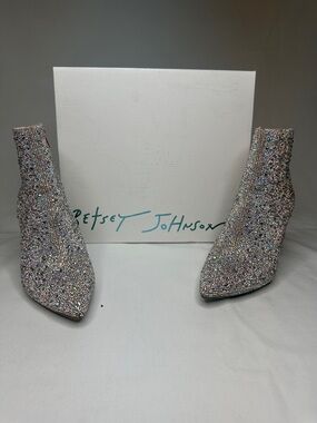 Betsey Johnson Iridescent Crystal Sock Booties in Silver Multicolor